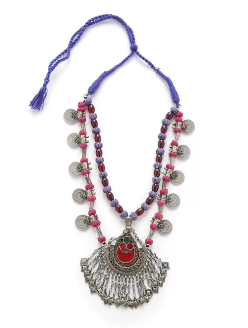Necklace - Afghani Glass Detail With Coin And Thread - Red