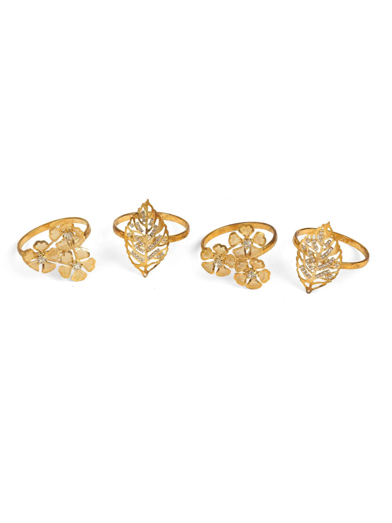 Napkin Rings - Gold Tone Flower and Leaf Design Set of 4