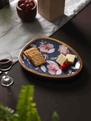 Wooden Platter - Blue With Flower Design