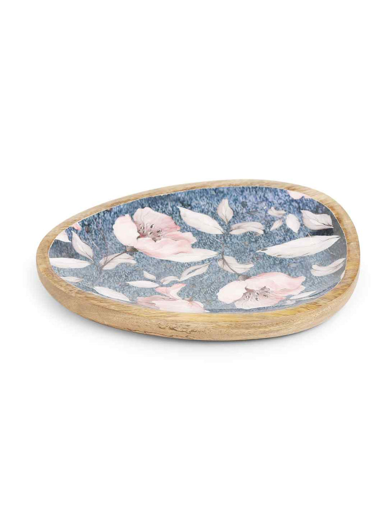 Wooden Platter - Blue With Flower Design