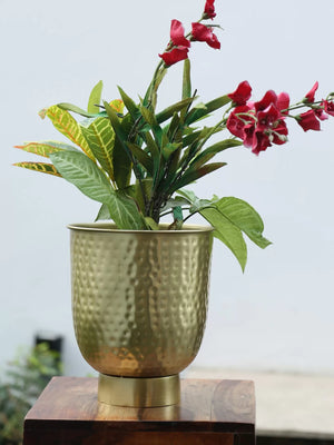 Gold Finish Hammered Planter With Wooden Stand
