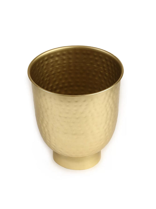 Gold Finish Hammered Planter With Wooden Stand