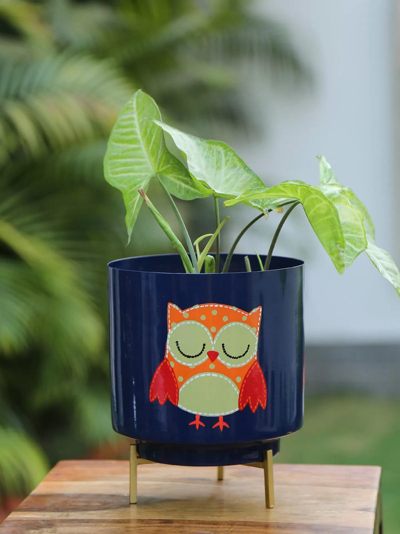 Owl Design Hand Painted Planter - Blue