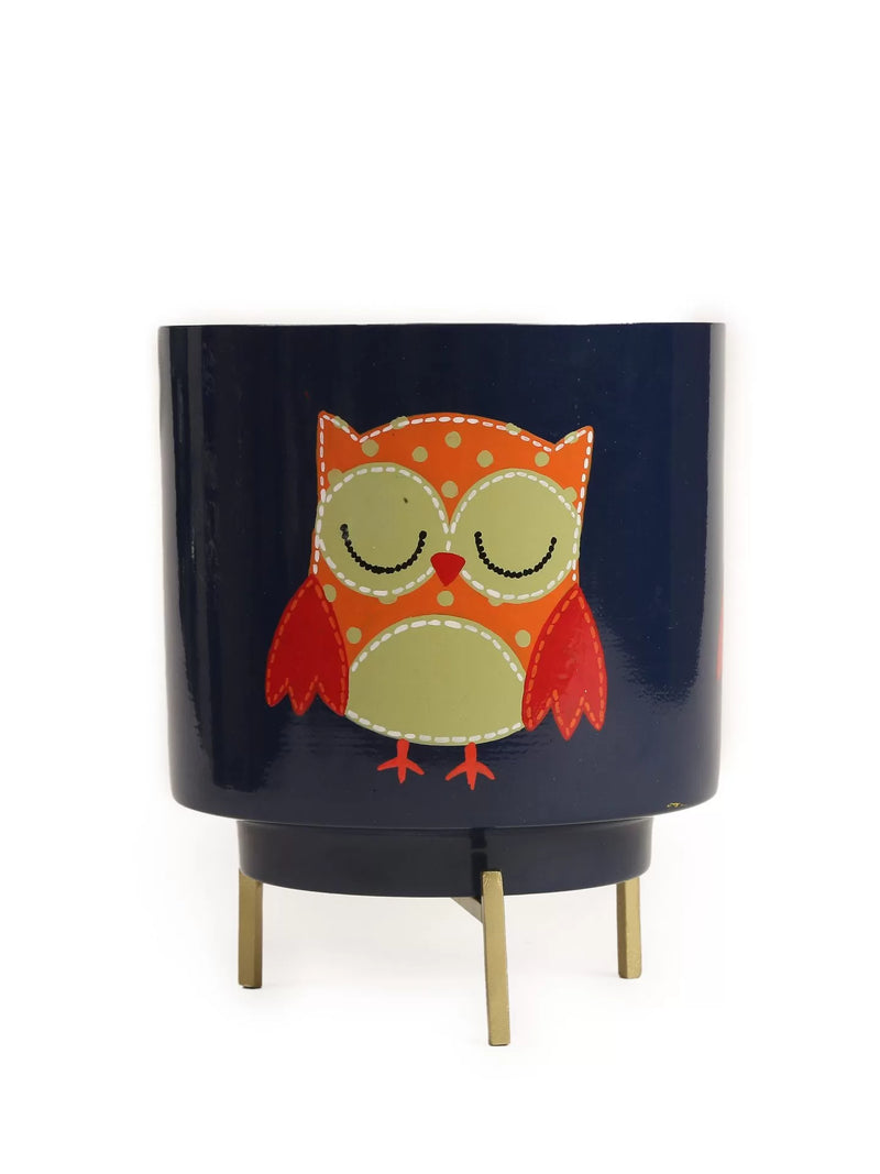 Owl Design Hand Painted Planter - Blue