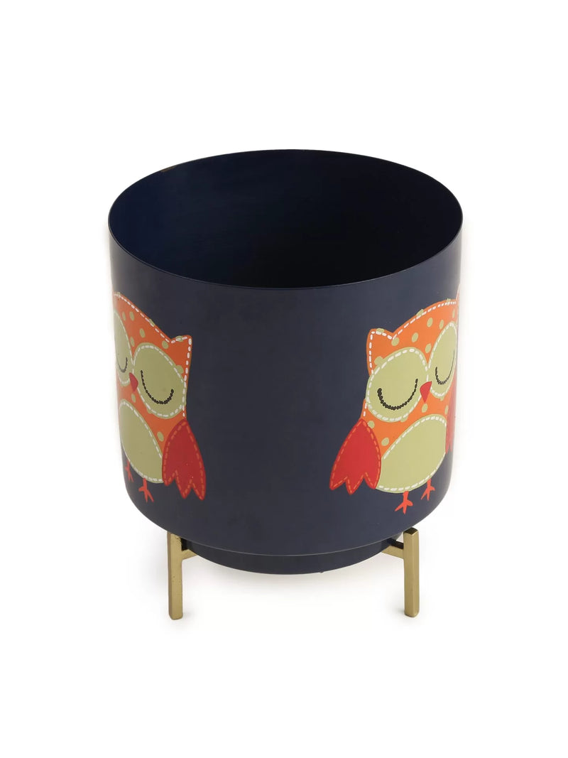 Owl Design Hand Painted Planter - Blue