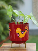 Bird Design Hand Painted Planter - Red