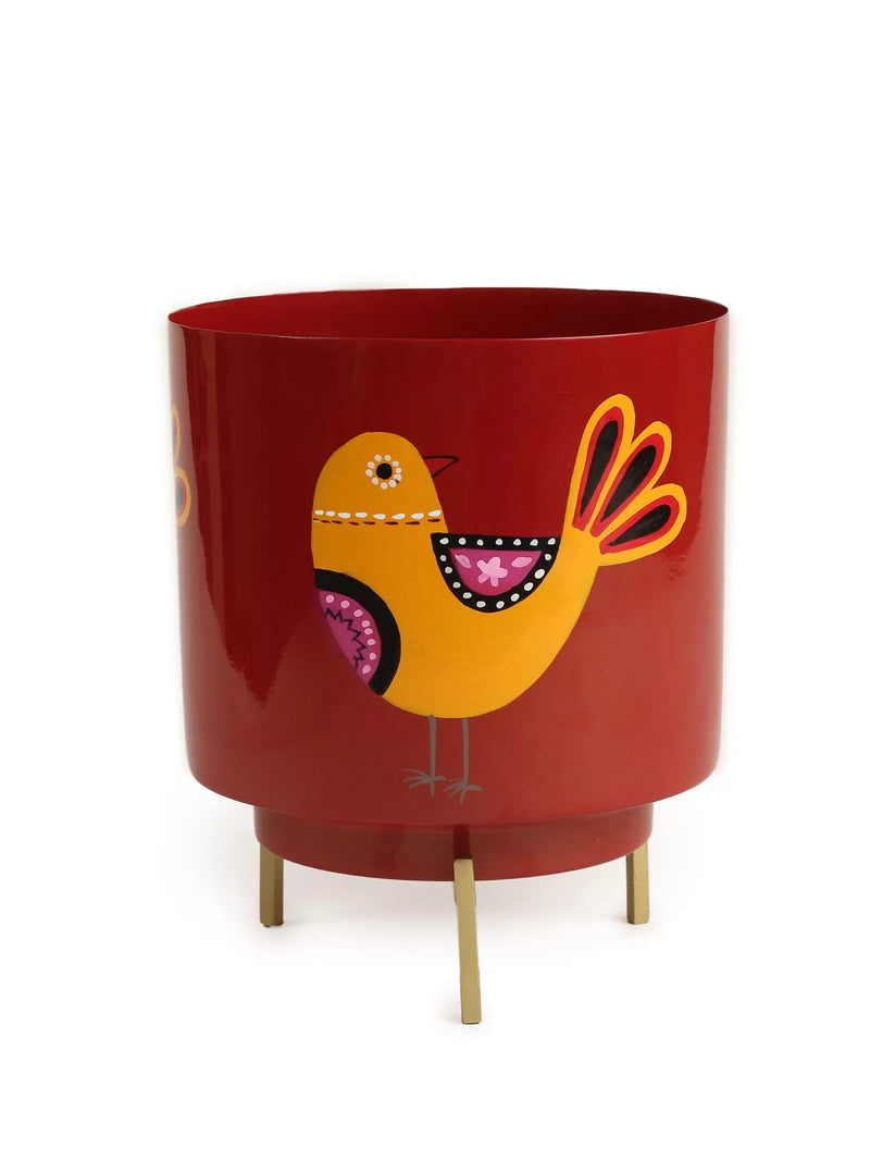 Bird Design Hand Painted Planter - Red