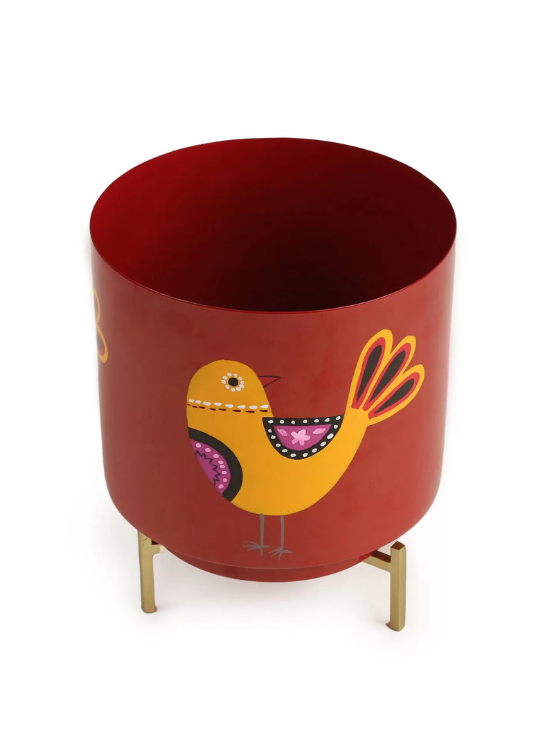 Bird Design Hand Painted Planter - Red