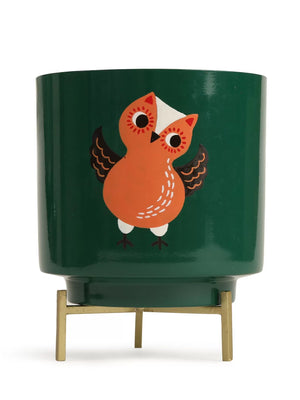 Owl Design Hand Painted Planter - Green
