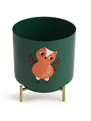 Owl Design Hand Painted Planter - Green
