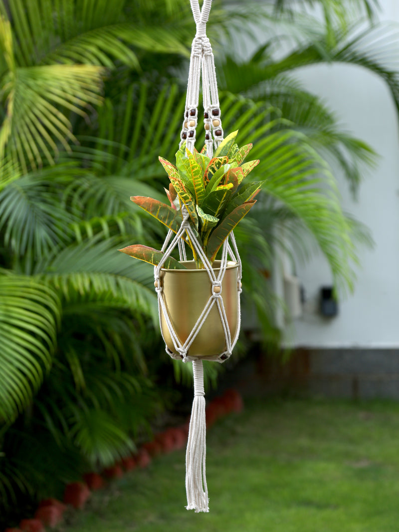 Handcrafted Macreme Hanging Planter Holder with Wooden Beads (Set of 2)