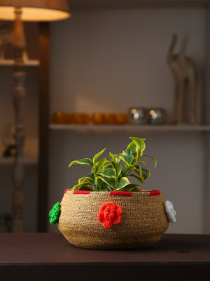 Multi-Utility Jute Basket with Colorful flowers
