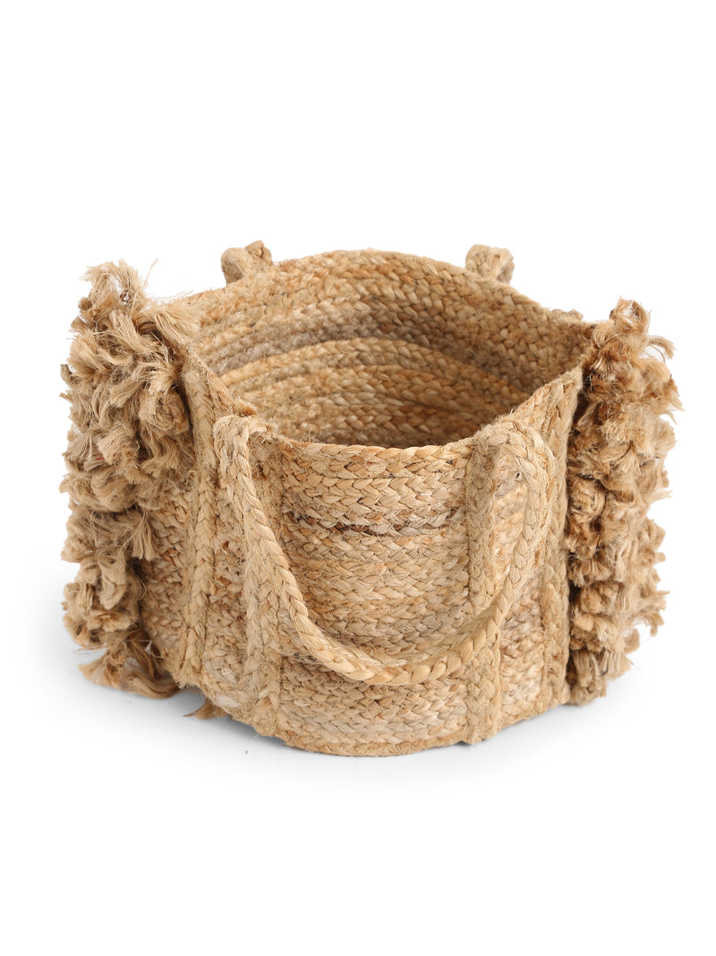 Multi-Utility Jute Basket with Fringes in Natural Finish