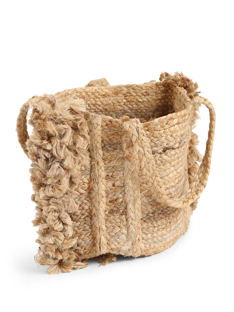 Multi-Utility Jute Basket with Fringes in Natural Finish