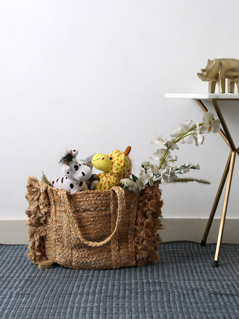 Multi-Utility Jute Basket with Fringes in Natural Finish