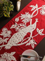 Table Runner - Red and White Embroidered With A Peacock Design