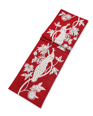 Table Runner - Red and White Embroidered With A Peacock Design