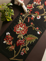 Table Runner - Black Embroidered With Colorful Flower Pattern