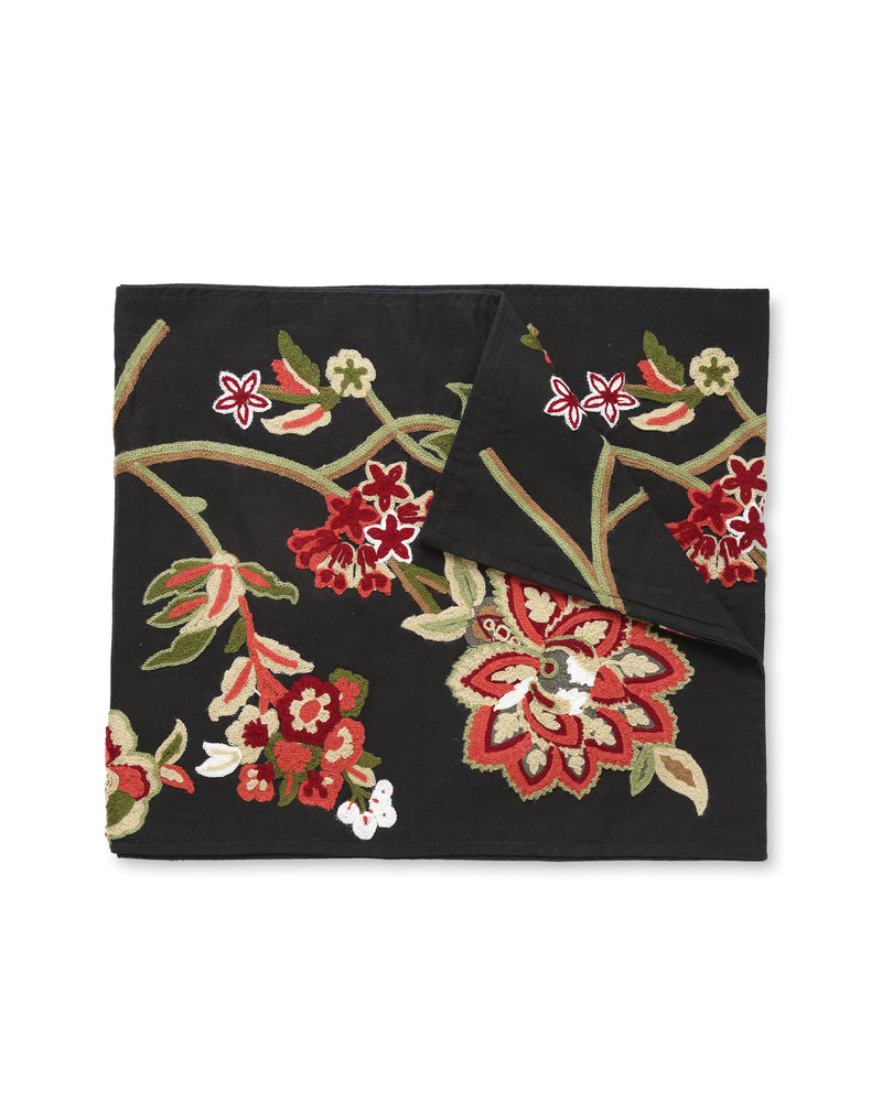 Table Runner - Black Embroidered With Colorful Flower Pattern