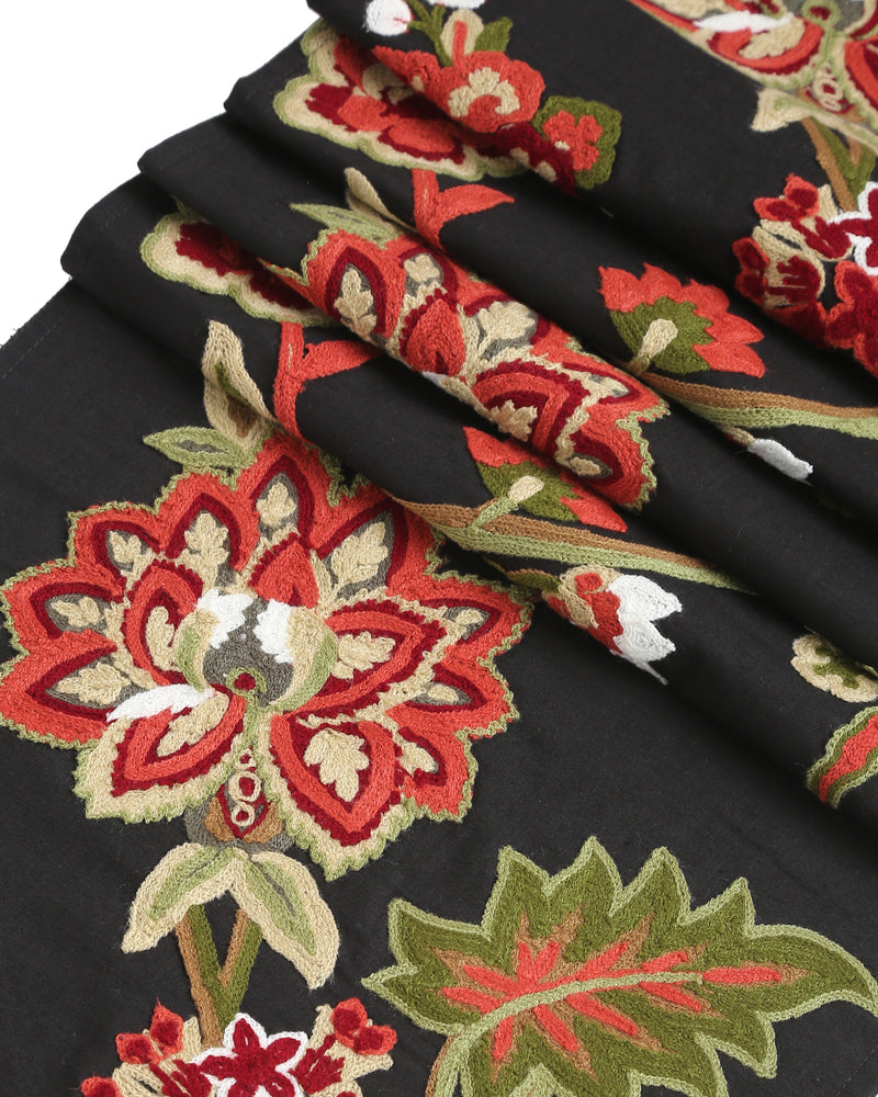 Table Runner - Black Embroidered With Colorful Flower Pattern