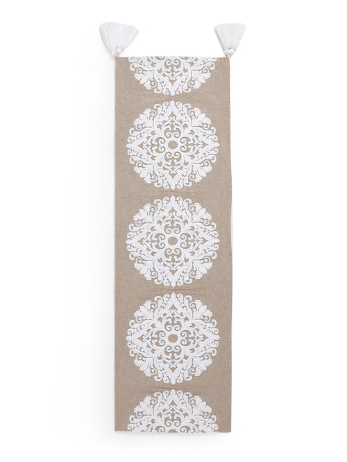 Elegant Ivory embroidered cotton table runner in beige color