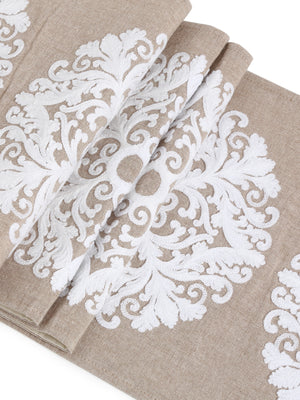Elegant Ivory embroidered cotton table runner in beige color