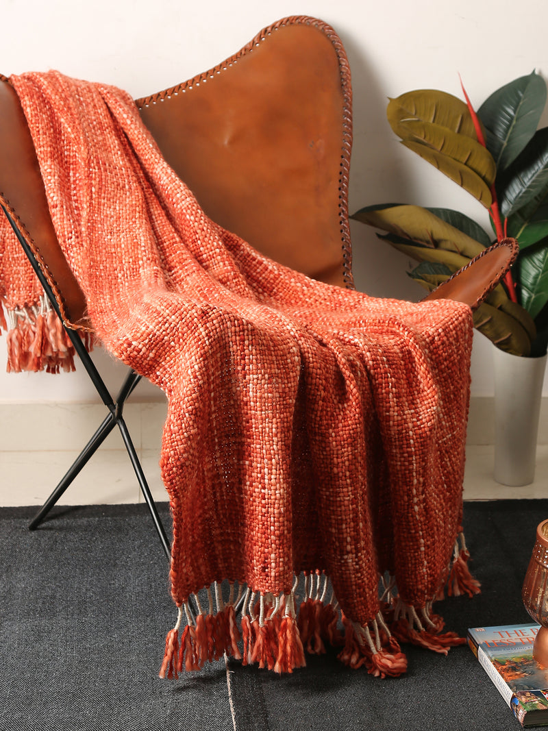 Soft Chunky Acrylic Wool throw in hues of rust and ivory weaving