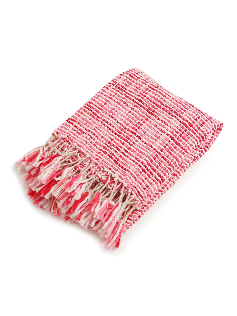 Wool Throw - Soft Chunky Acrylic In Hues of Fuchsia Mixed With White Weaving