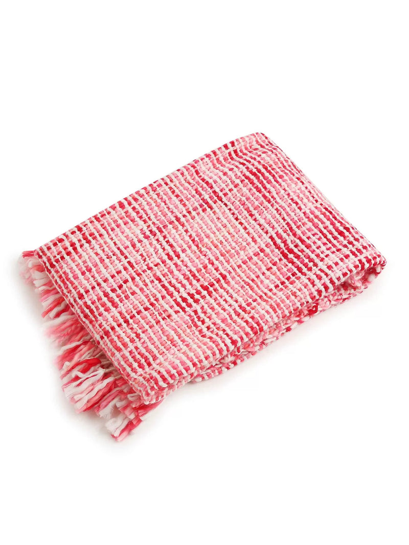 Wool Throw - Soft Chunky Acrylic In Hues of Fuchsia Mixed With White Weaving