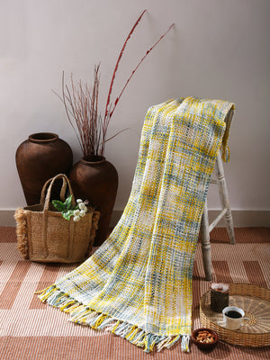 Soft Chunky Acrylic Wool throw in green, yellow and ivory weaving with multicolor or white tassels.