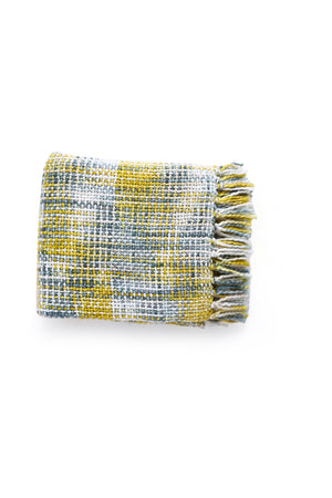 Soft Chunky Acrylic Wool throw in green, yellow and ivory weaving with multicolor or white tassels.