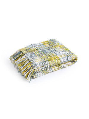 Soft Chunky Acrylic Wool throw in green, yellow and ivory weaving with multicolor or white tassels.