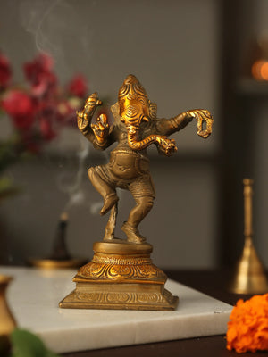 Brass Statue - Dancing Ganesh with Stone Finish Details