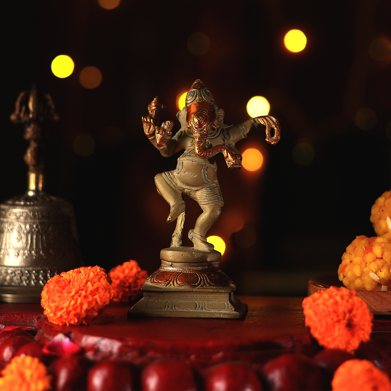 Brass Statue - Dancing Ganesh with Stone Finish Details