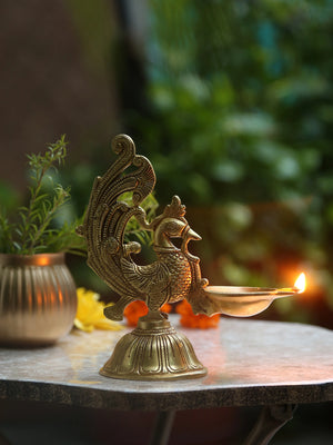 Diya - Brass Peacock With Round Base