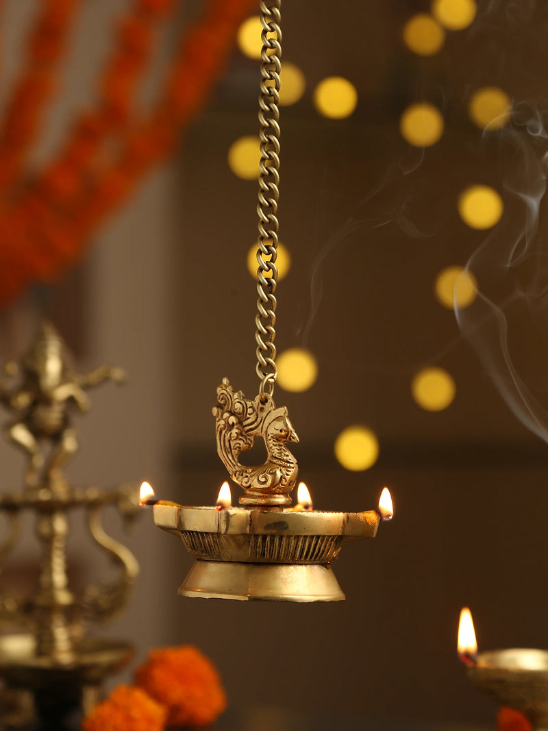 Diya - Peacock Hanging Diya With Four Side Lamp And Chain