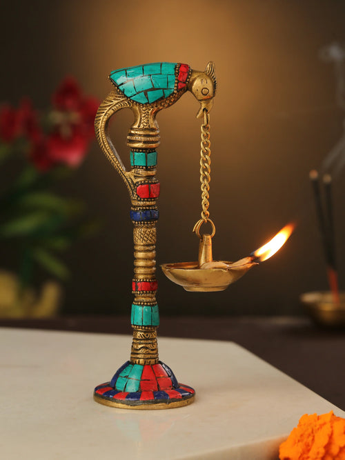 Diya - Brass Parrot Lamp With Stone Detailing