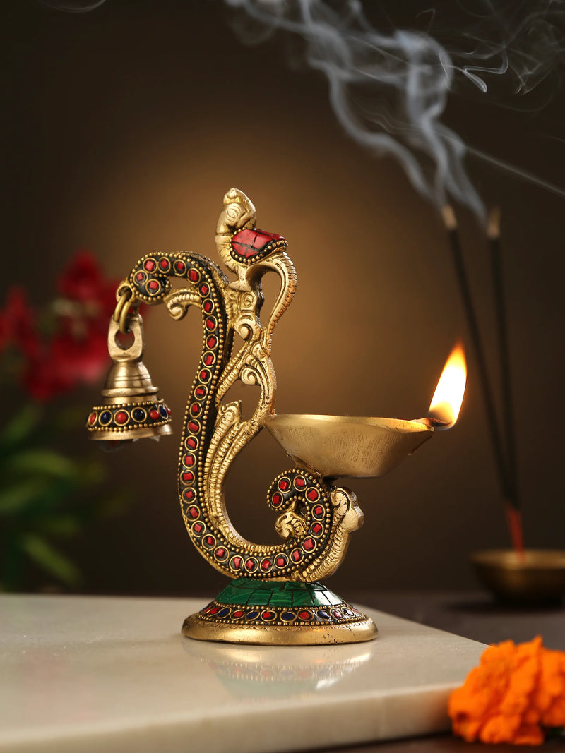 Diya - Brass Bird Lamp with Bell and Stones