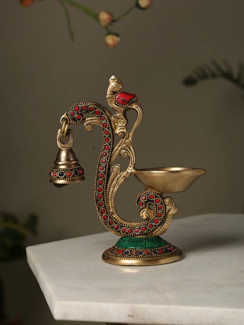 Diya - Brass Bird Lamp with Bell and Stones