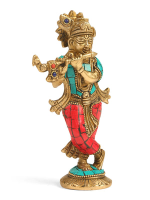Brass Statue - Krishna with Stone work