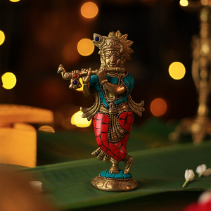 Brass Statue - Krishna with Stone work