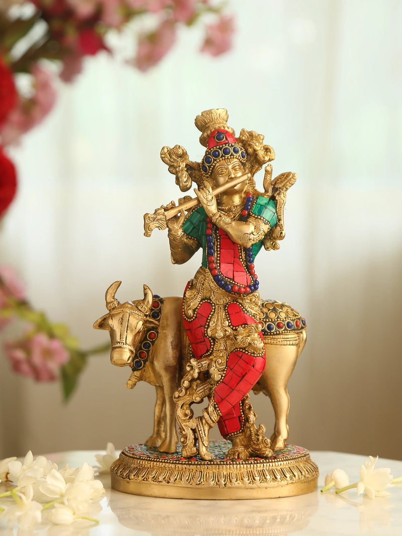 Brass Statue - Krishna with Cow in Stone Work