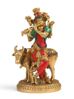 Brass Statue - Krishna with Cow in Stone Work