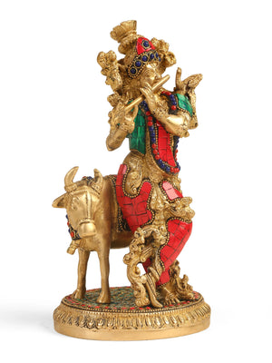 Brass Statue - Krishna with Cow in Stone Work