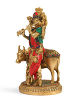 Brass Statue - Krishna with Cow in Stone Work