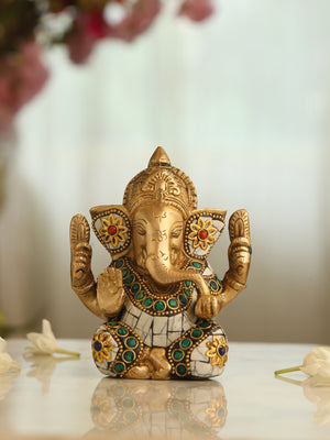 Brass Statue - Ganesha In White Stone Details