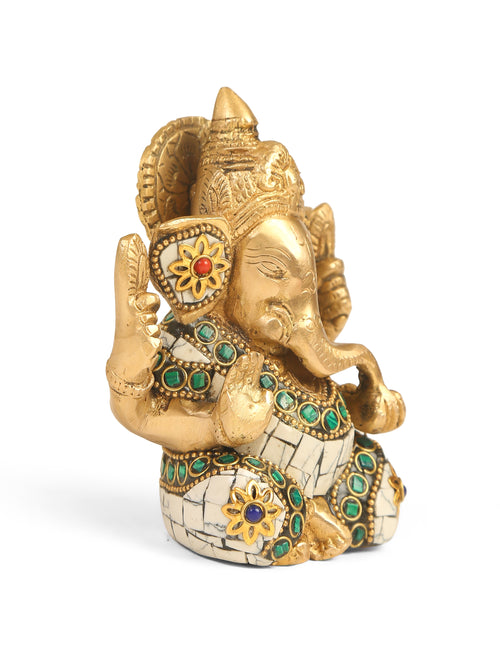 Brass Statue - Ganesha In White Stone Details