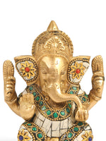 Brass Statue - Ganesha In White Stone Details