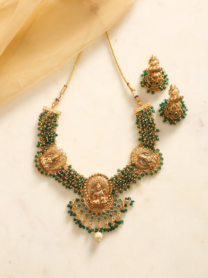 Laxmi temple necklace with green glass beads