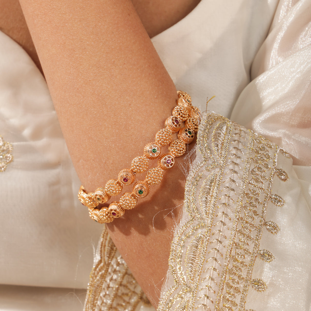 Ziya Ruby Emerald Textured Gold Bangles